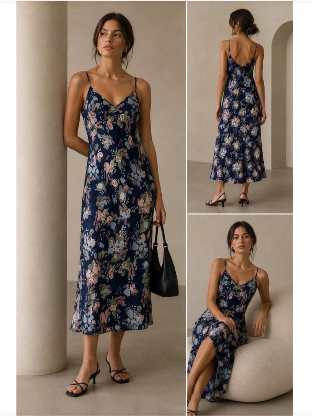 Wilfred Aritzia Floral Slip Dress Navy Satin Cami Blue Midi Cottagecore